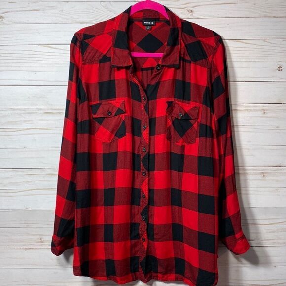 Torrid Taylor Red Plaid Twill Button Front Slim Fit Shirt - Picture 1 of 15